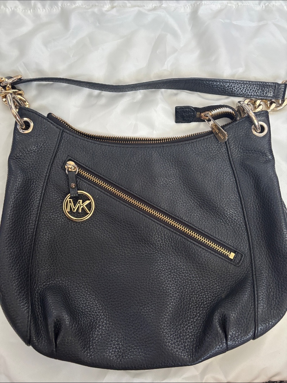 Michael Kors Black Pebbled Leather Shoulder Bag with Gold Accents